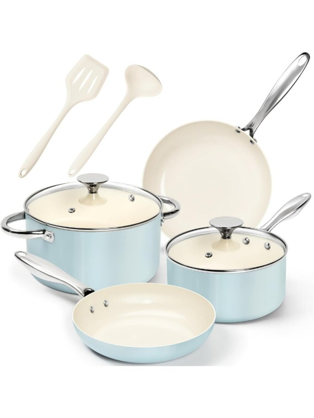 Non-Stick 8-Piece Ceramic Cookware Set with Silicone Utensils - Induction & Oven